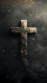Textured stone cross isolated against dark particulate background