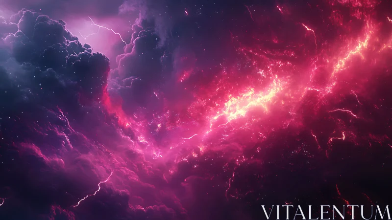 Nebular storm cloudscape with magenta lightning and fire.
