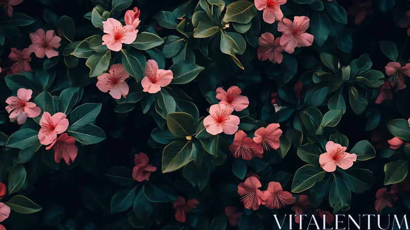 Pink Flowers Blooming Among Dark Green Foliage.