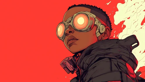 Futuristic portrait with glowing goggles on red field.