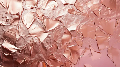 Macro study of crumpled metallic rose gold foil texture surface
