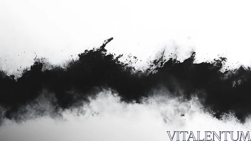 Dark ink dust cloud drifts across stark white minimal space