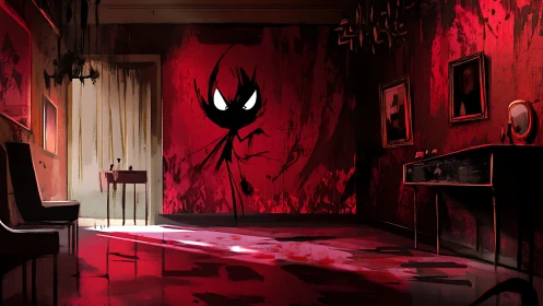 Shadow figure in red-lit interior with distressed decor.