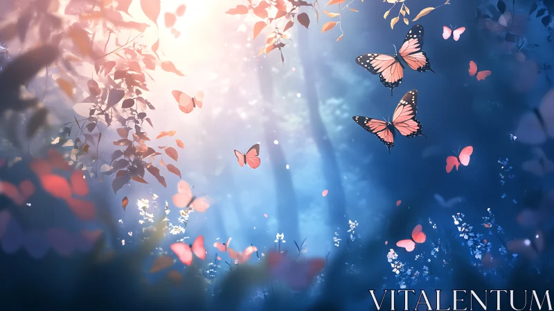 Pink butterflies in glowing blue forest light at sunrise.