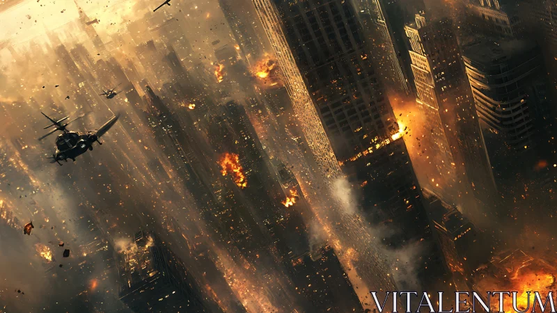 Firestorm over the vertical metropolis in war-torn dusk.