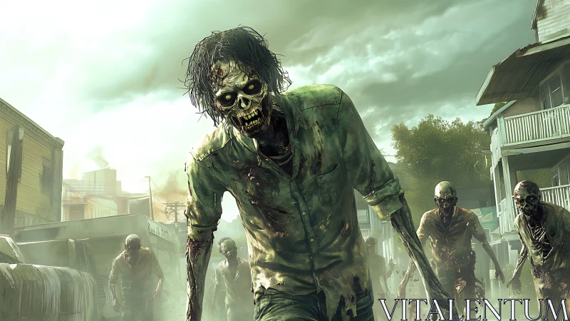 Eerie zombie horde shuffles through an abandoned neighborhood.