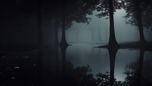 Foggy forest waterway with tree silhouettes and reflections.