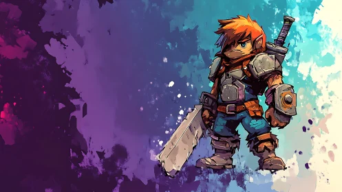 Cartoon warrior hero framed by splattered neon gradient background.