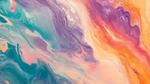 Fluid abstract composition shows layered teal, violet, orange fields