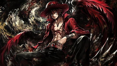 Dynamic anime antihero with crimson wings in vortex setting.