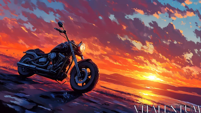 Low-angle cruiser motorcycle dominates a vivid sunset horizon