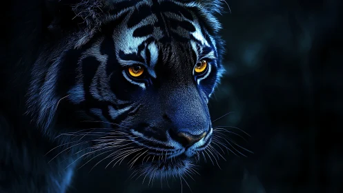 Midnight tiger sharpens molten-gold eyes against the dark