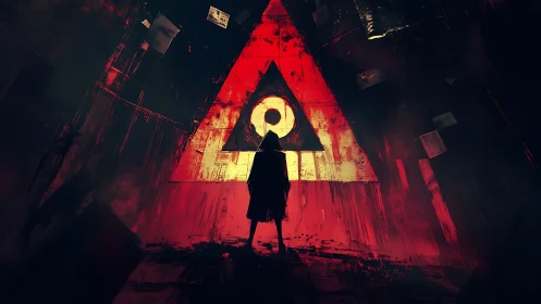 Backlit figure before decayed geometric symbol in red tunnel