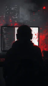 Night coder leans into glowing screens and city sparks