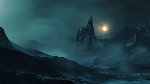 Moody moonlit spire rising over a misty alien valley.