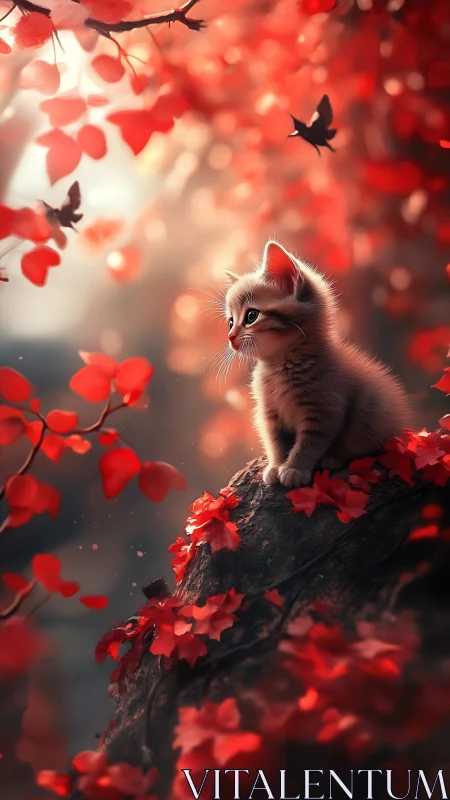 Kitten sitting on forest rock among vivid red leaves.