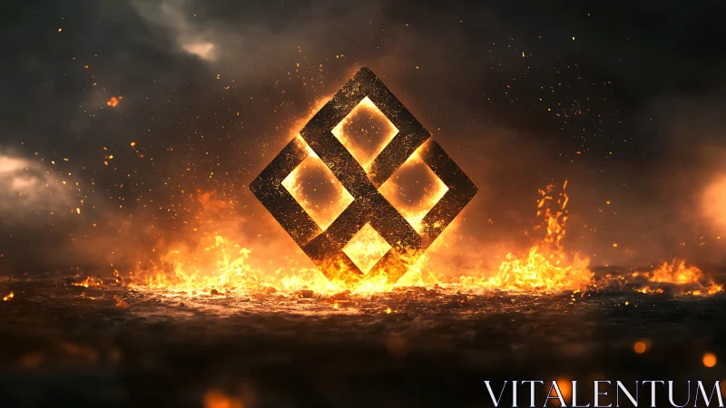 Glowing geometric emblem rising from swirling fire and ash.