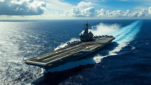 Photorealistic aircraft carrier advancing across open ocean perspective.