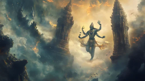 Divine figure levitates amidst collapsing temple spires in clouds