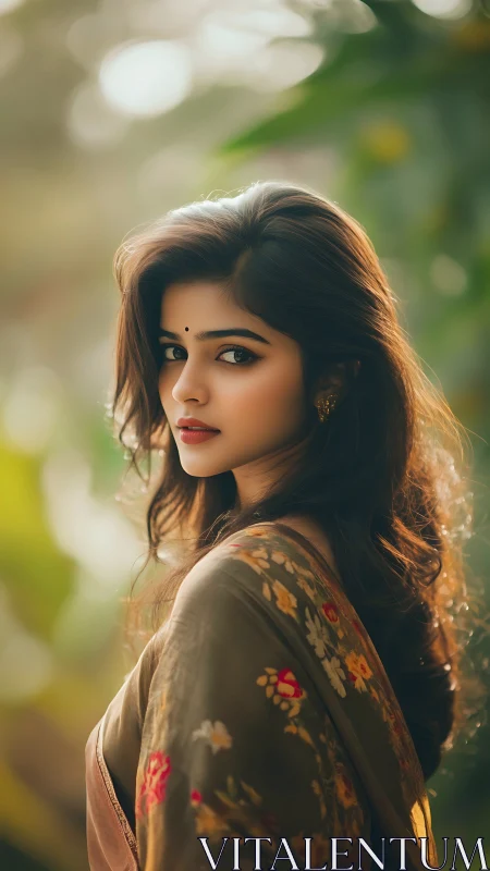Young woman in floral sari against blurred garden backdrop.