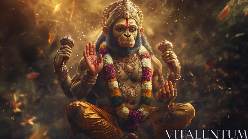 Divine monkey deity radiates power amid swirling golden light.