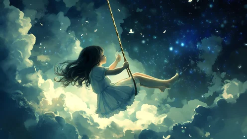 Girl on luminous rope swing suspended amid volumetric night clouds
