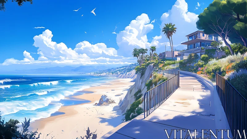 Coastal bluff walkway overlooks shoreline with modern houses