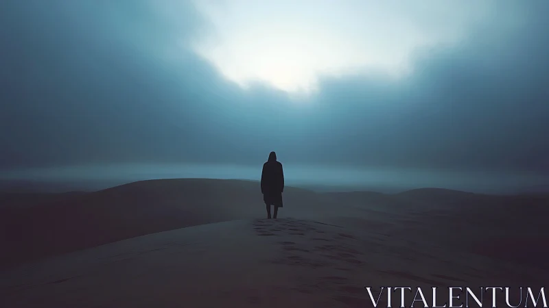 Solitary human silhouette on misted sand dunes at twilight