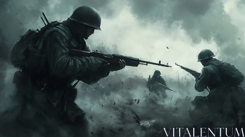 Soldiers advance through smoky battlefield under fire.