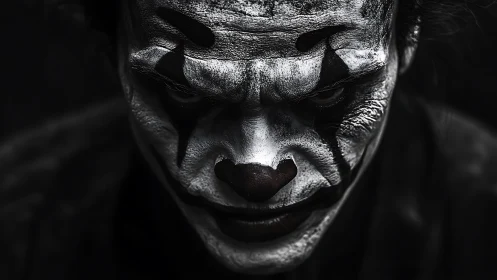 Monochrome close-up of face with stylized clown makeup.