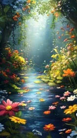 Sunlit forest stream passes through dense floral vegetation