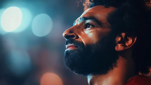 Side profile portrait of bearded man under stadium lights.