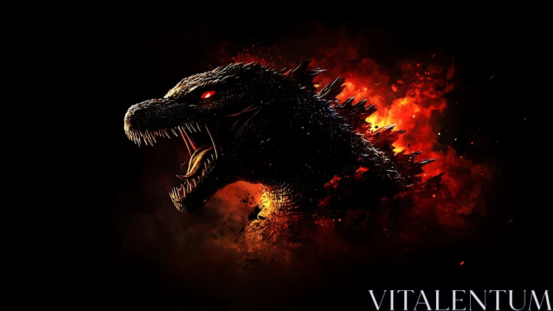 Fiery kaiju profile roaring amid explosive embers.