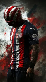 Brooding masked football warrior in bold striped armor art.