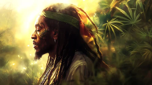 Sunlit profile portrait in lush golden tropical foliage.