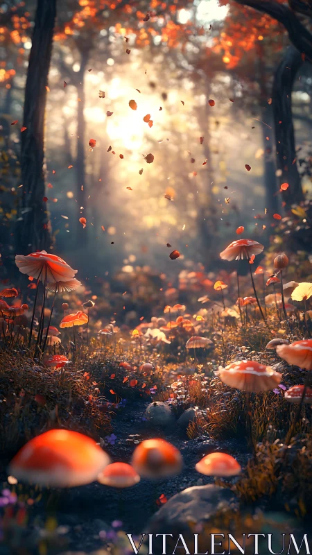 Enchanted forest path glowing with soft autumn light and fungi.