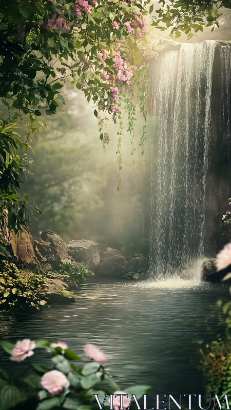 Sunlit garden waterfall cradled by soft pink blooms.