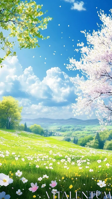 High-saturation digital spring meadow under volumetric clouds.