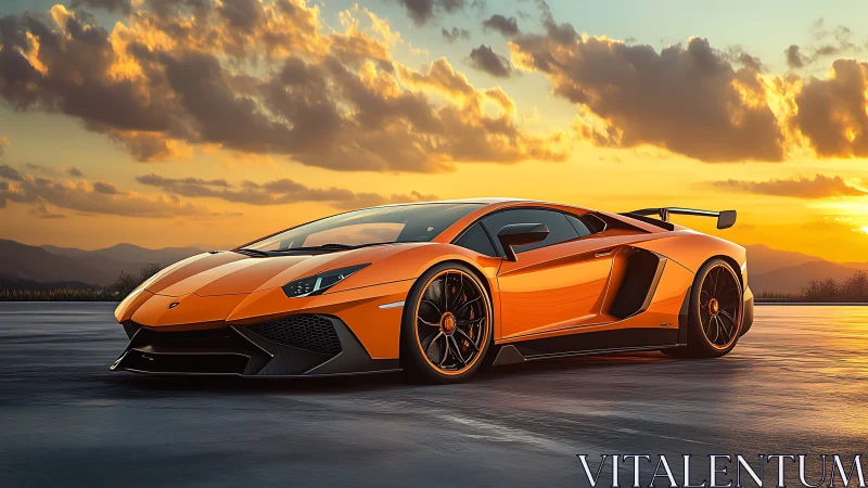 Orange low-profile sports car is parked on open pavement
