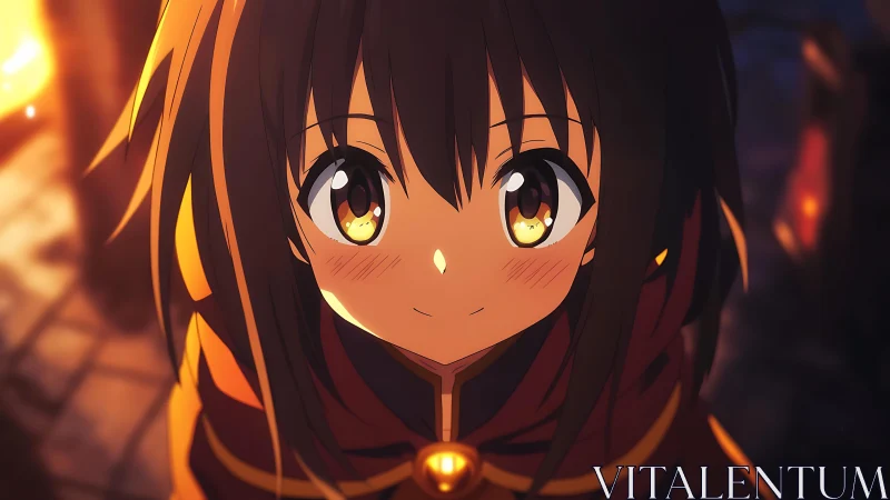 Firelit mage gazes upward while emberlight crowns her smile