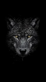 Golden-eyed black wolf gazing from the quiet darkness.