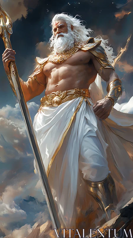 Storm god stands over clouds in radiant golden armor.