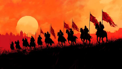 Knights riding home beneath a blazing ember sunset sky.