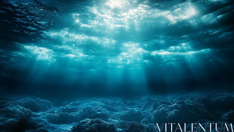 Sunbeams break through deep blue water over a silent seabed