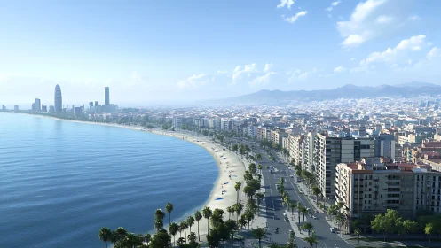 Sunlit city shoreline curling around a glassy blue bay.