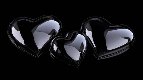 Three Shiny Black Glass Hearts on Glossy Black Background.