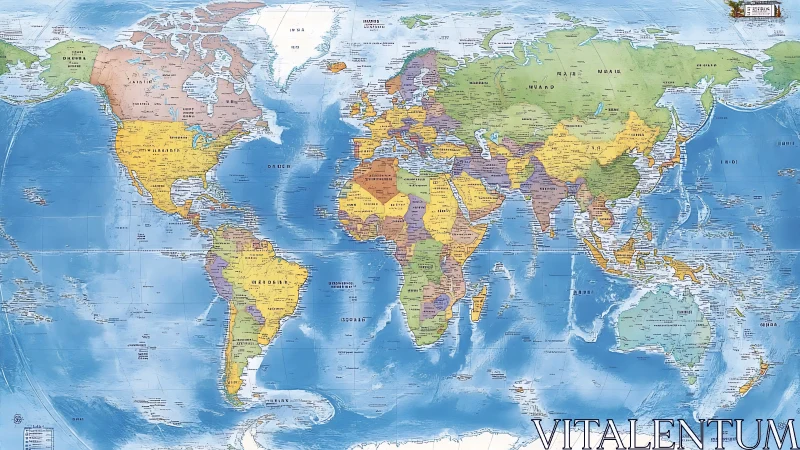 Political world map highlights countries and oceans clearly.