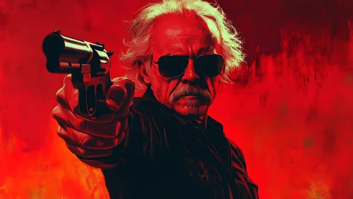 Armed older man aims revolver against blazing red backdrop.