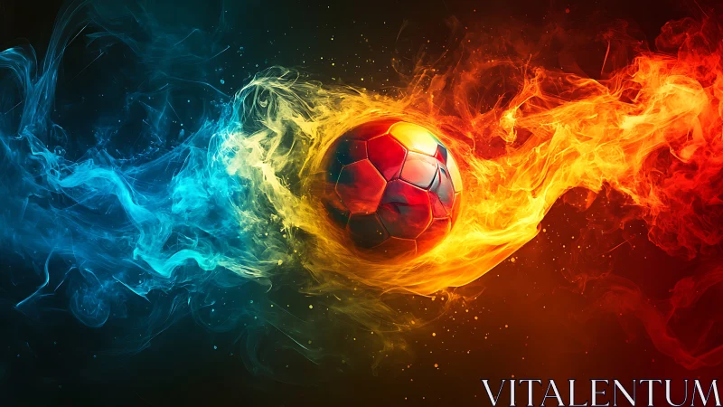 Soccer ball splits blue and orange fire trails in motion