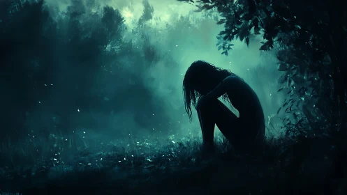 Solitary figure seated in dim forest clearing at dusk.